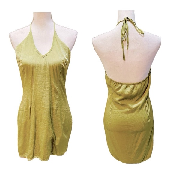 Princess Polly Dresses & Skirts - Princess Polly Green Satin Halter Mini Dress Size 10